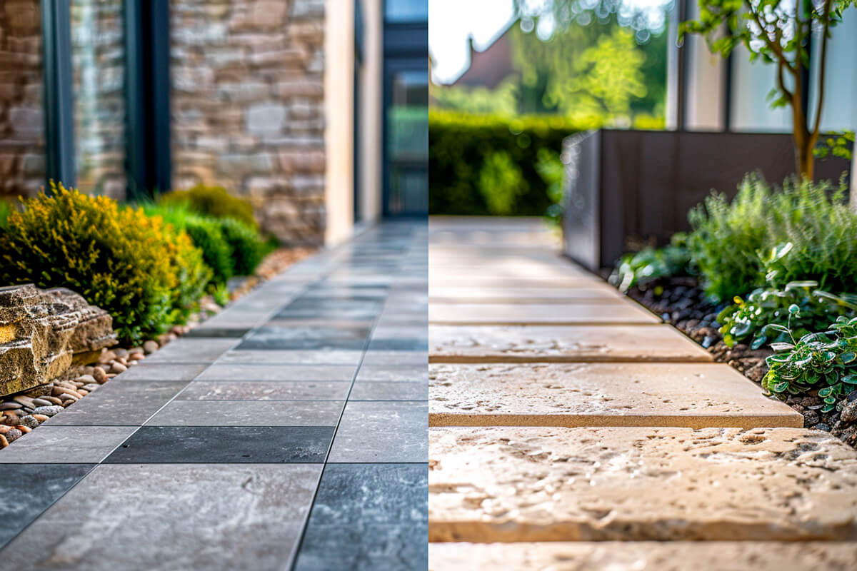 Side by side comparison of porcelain paving and limestone paving