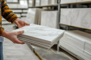 a person selects porcelain tiles in the store