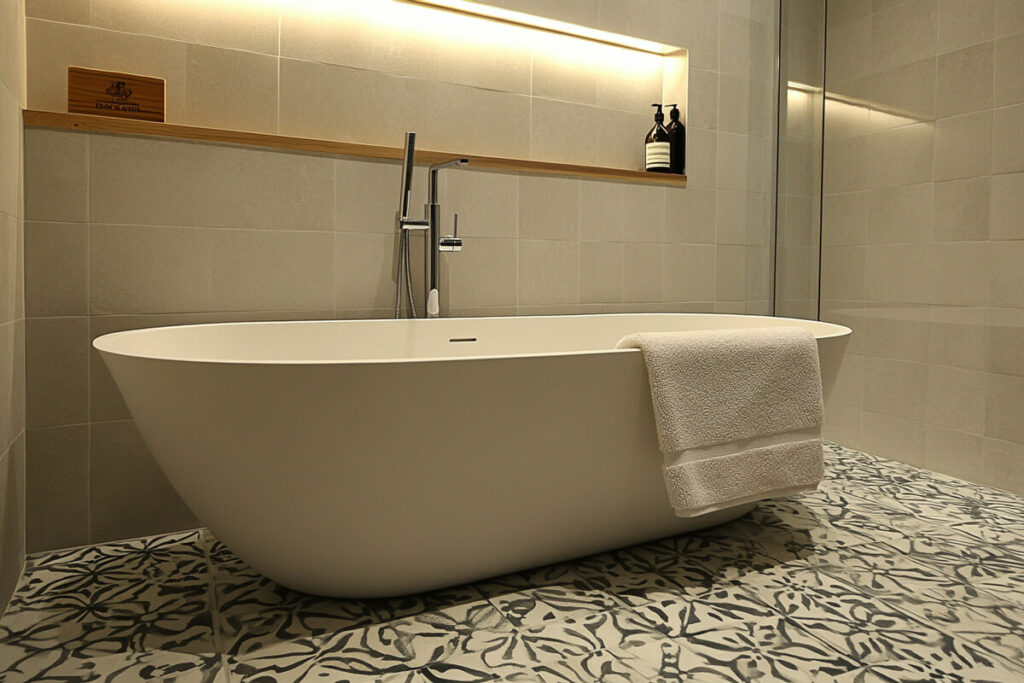 Glazed and patterned porcelain in the bathroom