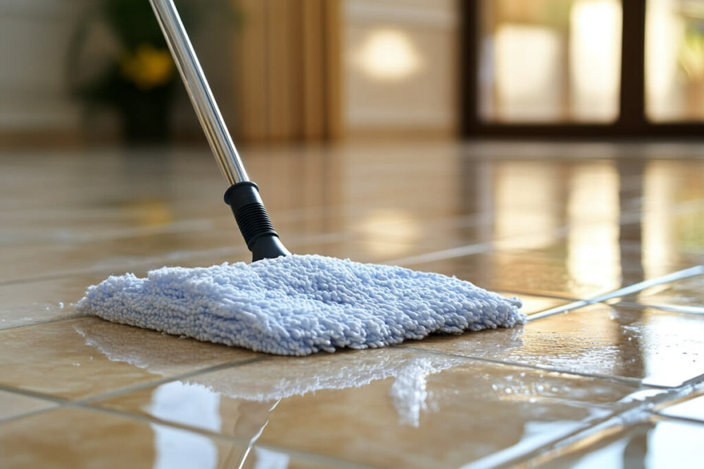 Cleaning floor tiles in the bathroom