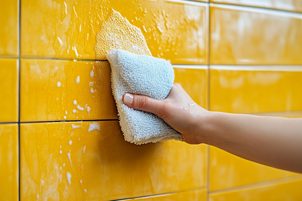 Cleaning wall tiles in the bathroom with microfibre 