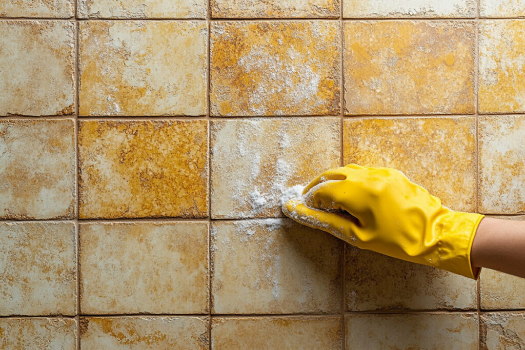 Clean grout lines on the kitchen tiles with baking soda